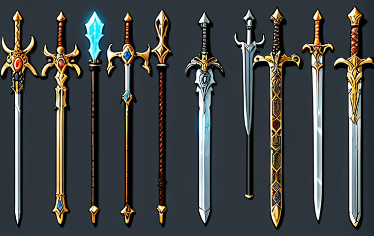 **Image of Mythical Weapons**:
"A collection of mythical weapons displayed prominently, showcasing intricate designs and glowing effects. The weapons should represent various styles, such as swords, staffs, and bows, each with unique embellishments that signify their power in a fantasy game setting."