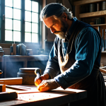 A skilled craftsman, fully clothed in professional, modest attire, intensely focused on meticulously forging an ornate, glowing sword at a clean, well-lit workshop anvil. Surrounding the workspace are various traditional fantasy crafting tools and organized raw materials, bathed in warm, soft light from a nearby window. The image conveys a sense of dedication and expertise. Perfect anatomy, correct proportions, well-formed hands, natural body proportions, natural pose, safe for work, appropriate content, family-friendly, professional photography, high quality.