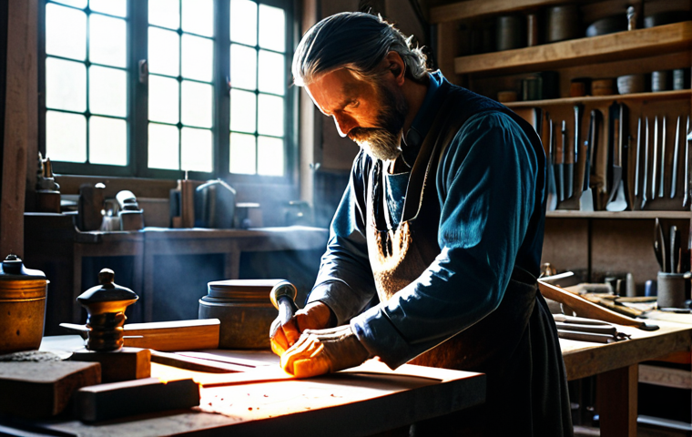 A skilled craftsman, fully clothed in professional, modest attire, intensely focused on meticulously forging an ornate, glowing sword at a clean, well-lit workshop anvil. Surrounding the workspace are various traditional fantasy crafting tools and organized raw materials, bathed in warm, soft light from a nearby window. The image conveys a sense of dedication and expertise. Perfect anatomy, correct proportions, well-formed hands, natural body proportions, natural pose, safe for work, appropriate content, family-friendly, professional photography, high quality.