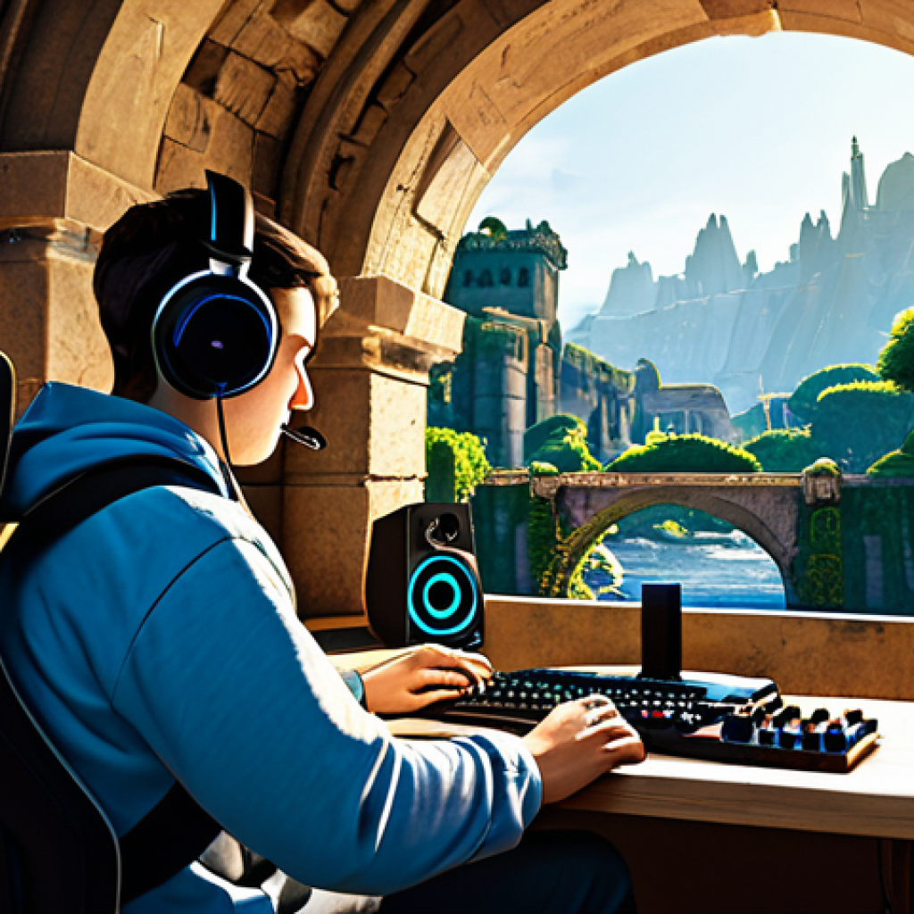 A gamer, fully clothed in modest, comfortable attire, wearing a professional, over-ear headset. The scene subtly blends a modern, clean desk setup with a vibrant, highly detailed fantasy game world displayed on a monitor. The in-game scene depicts an expansive, serene landscape with ancient, ivy-covered ruins, a gently flowing river, and distant, towering, ornate architecture under a soft, diffused light. The gamer's eyes are closed in deep concentration, indicating profound auditory immersion. Perfect anatomy, correct proportions, natural pose, well-formed hands, proper finger count. High-quality professional photography, volumetric lighting, appropriate content, safe for work, fully clothed, family-friendly.