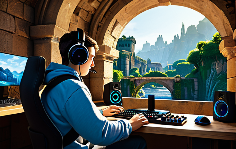 A gamer, fully clothed in modest, comfortable attire, wearing a professional, over-ear headset. The scene subtly blends a modern, clean desk setup with a vibrant, highly detailed fantasy game world displayed on a monitor. The in-game scene depicts an expansive, serene landscape with ancient, ivy-covered ruins, a gently flowing river, and distant, towering, ornate architecture under a soft, diffused light. The gamer's eyes are closed in deep concentration, indicating profound auditory immersion. Perfect anatomy, correct proportions, natural pose, well-formed hands, proper finger count. High-quality professional photography, volumetric lighting, appropriate content, safe for work, fully clothed, family-friendly.