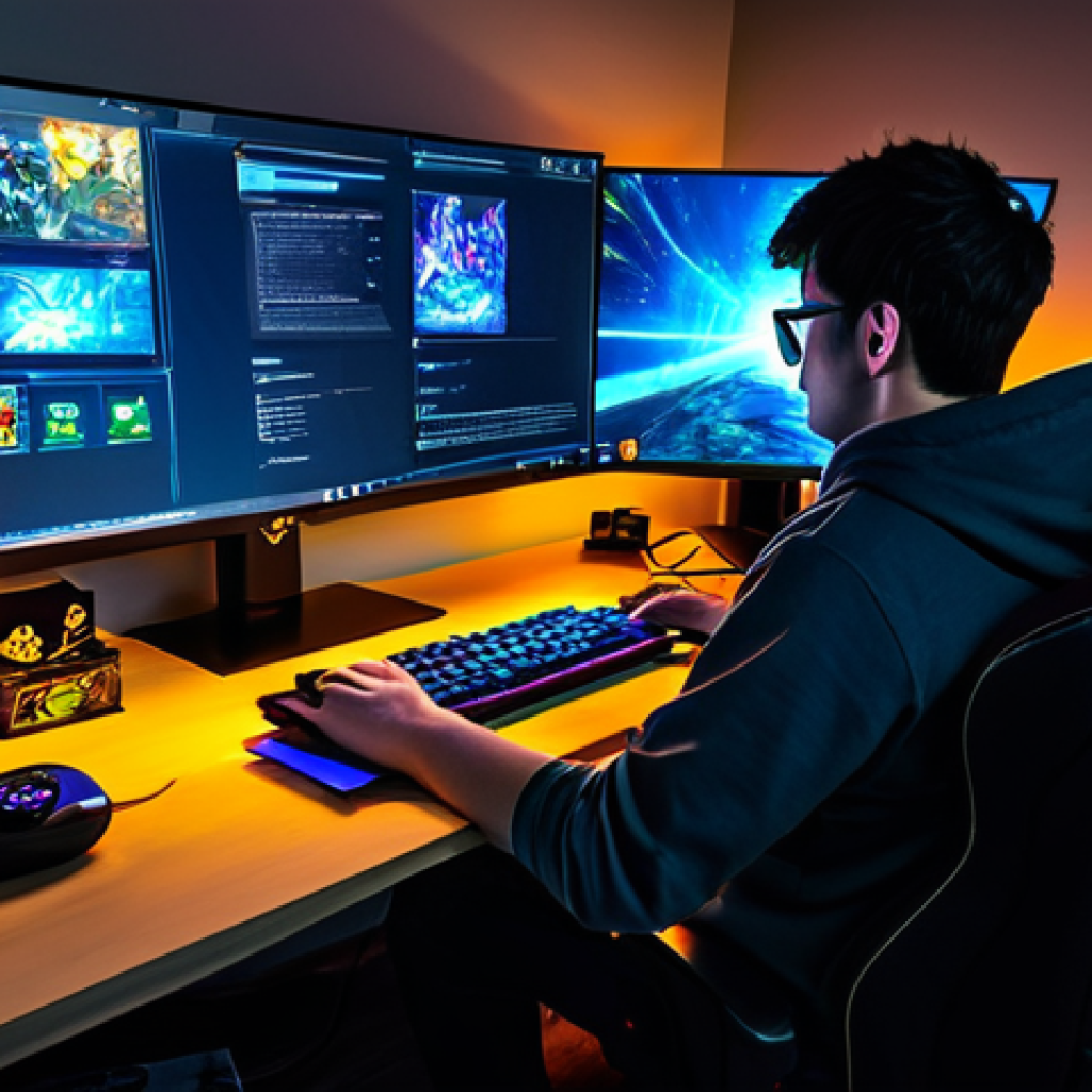 ** A determined gamer, fully clothed in comfortable, casual attire, sits at a gaming desk surrounded by energy drink cans and gaming peripherals. The gamer is intently focused on their computer screen, completing daily quests in a vibrant, fantasy-themed MMORPG. The room is illuminated by the glow of the monitor. Safe for work, appropriate content, professional, perfect anatomy, natural proportions, well-formed hands, proper finger count. **