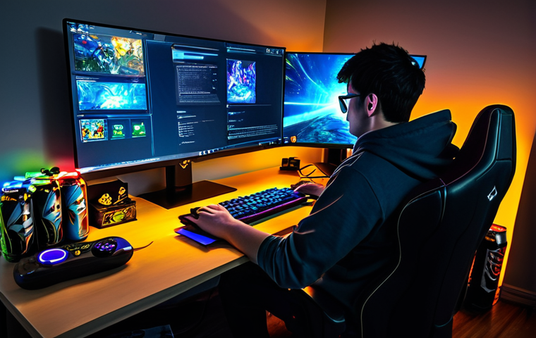 ** A determined gamer, fully clothed in comfortable, casual attire, sits at a gaming desk surrounded by energy drink cans and gaming peripherals. The gamer is intently focused on their computer screen, completing daily quests in a vibrant, fantasy-themed MMORPG. The room is illuminated by the glow of the monitor. Safe for work, appropriate content, professional, perfect anatomy, natural proportions, well-formed hands, proper finger count. **