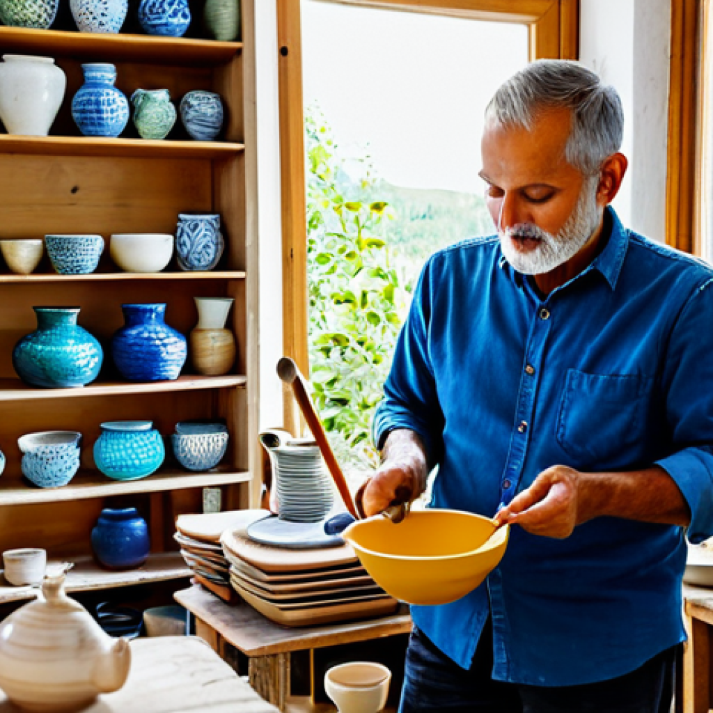Artisanal Pottery Shop** "A bright and inviting artisanal pottery shop in a quaint village, fully clothed artist carefully painting a ceramic bowl, shelves filled with colorful pottery, natural light streaming through the window, appropriate content, safe for work, perfect anatomy, correct proportions, modest clothing, professional photography, high quality." **