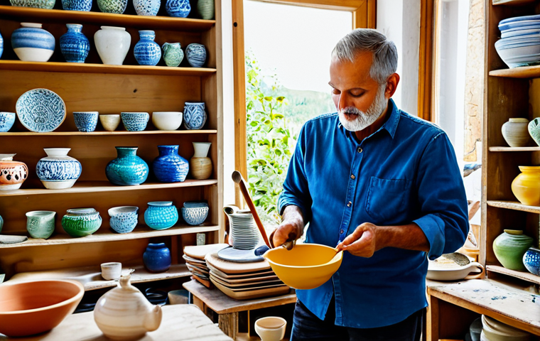 Artisanal Pottery Shop** "A bright and inviting artisanal pottery shop in a quaint village, fully clothed artist carefully painting a ceramic bowl, shelves filled with colorful pottery, natural light streaming through the window, appropriate content, safe for work, perfect anatomy, correct proportions, modest clothing, professional photography, high quality." **