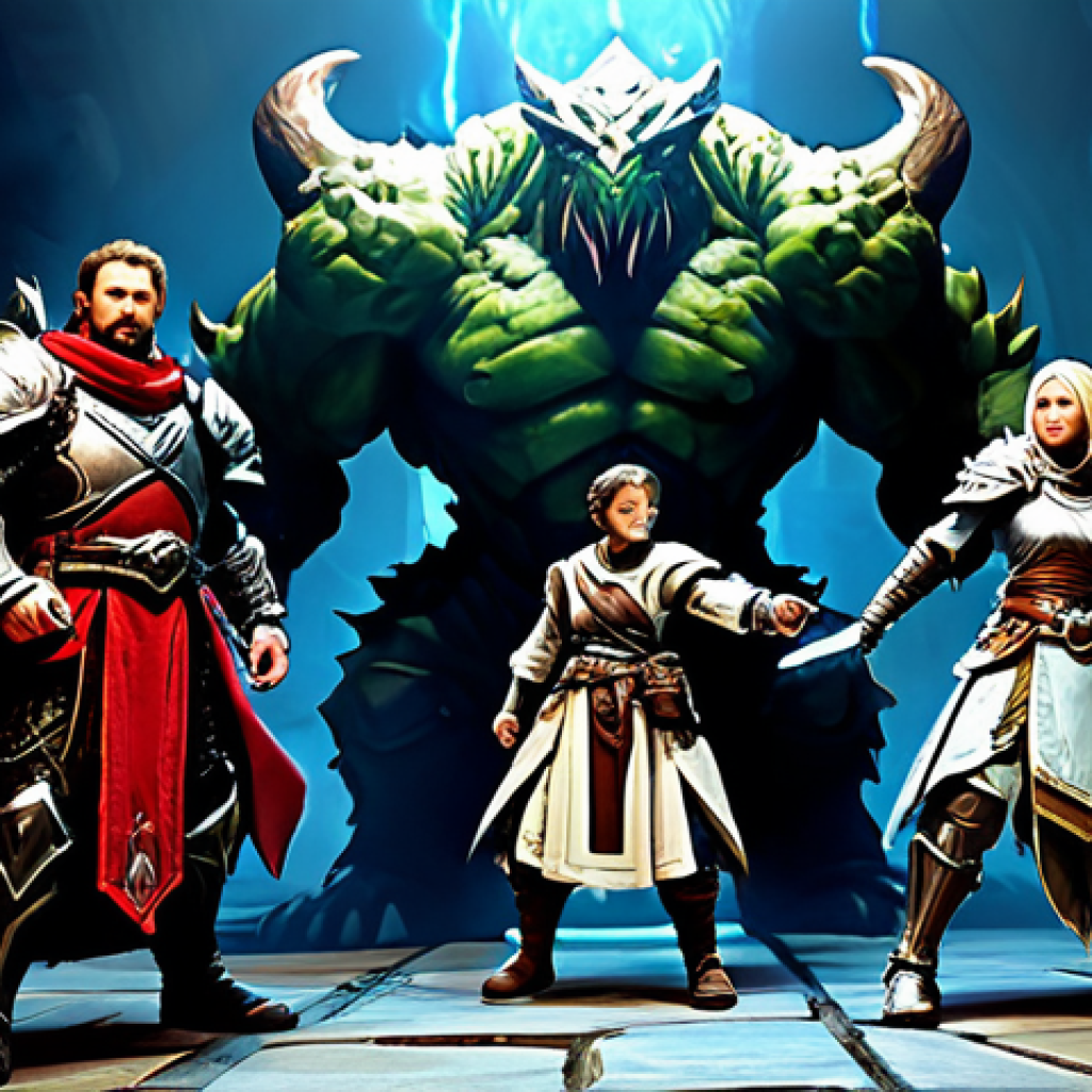 Group Instance Run** "A group of four adventurers, fully clothed in fantasy armor appropriate for their classes (tank, healer, DPS), battling a large, but non-threatening, fantasy boss monster in a visually stunning dungeon environment. The scene is action-packed but safe and family-friendly. Perfect anatomy, correct proportions, well-formed hands, proper finger count, natural poses. Dynamic lighting, professional digital art, high resolution, safe for work, appropriate content, fully clothed, professional." **