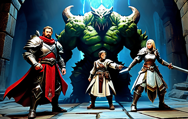 Group Instance Run** "A group of four adventurers, fully clothed in fantasy armor appropriate for their classes (tank, healer, DPS), battling a large, but non-threatening, fantasy boss monster in a visually stunning dungeon environment. The scene is action-packed but safe and family-friendly. Perfect anatomy, correct proportions, well-formed hands, proper finger count, natural poses. Dynamic lighting, professional digital art, high resolution, safe for work, appropriate content, fully clothed, professional." **