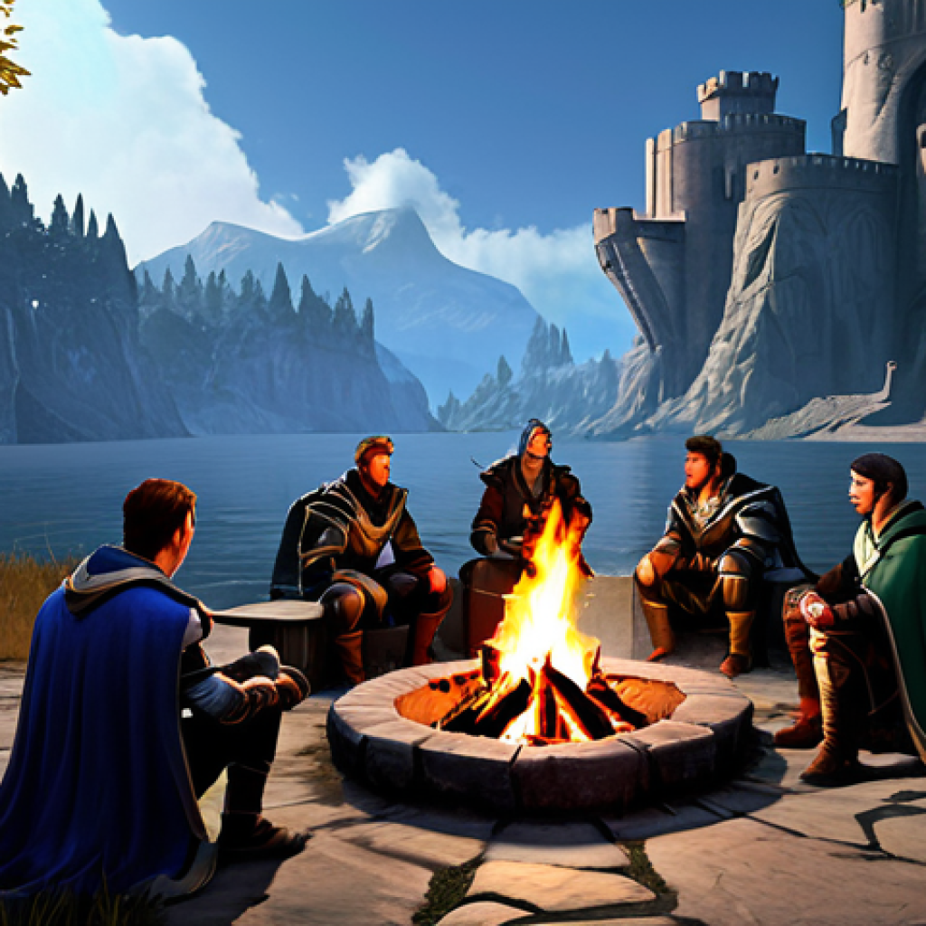 Legion Gathering** "A group of fully clothed Aion characters, diverse classes represented, gathered around a campfire in a scenic location in Atreia (e.g., near Verteron Citadel), appropriate attire, legion banner displayed prominently, safe for work, perfect anatomy, natural pose, warm lighting, digital painting, high quality, professional, family-friendly. Players are sharing stories and laughing, creating a sense of camaraderie." **