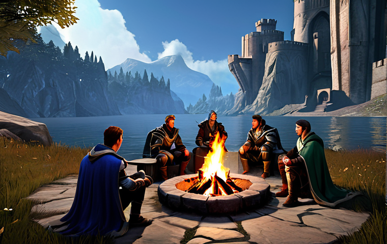 Legion Gathering** "A group of fully clothed Aion characters, diverse classes represented, gathered around a campfire in a scenic location in Atreia (e.g., near Verteron Citadel), appropriate attire, legion banner displayed prominently, safe for work, perfect anatomy, natural pose, warm lighting, digital painting, high quality, professional, family-friendly. Players are sharing stories and laughing, creating a sense of camaraderie." **