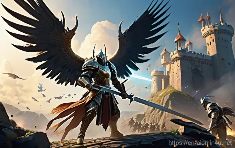 아이온 유저 평가 - **Prompt:** A dynamic, high-fantasy battle scene depicting Daevas (humanoid beings with large, feath...