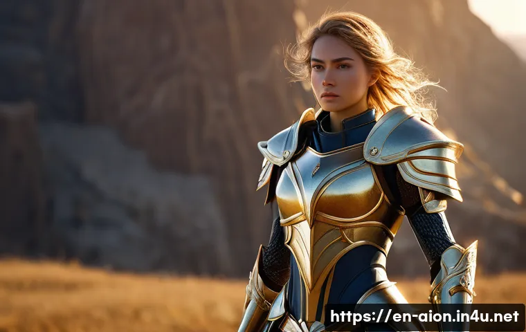 아이온 체력 회복 팁 - **Prompt:** "A powerful female Aion Templar, fully clad in ornate, gleaming full plate armor with in...