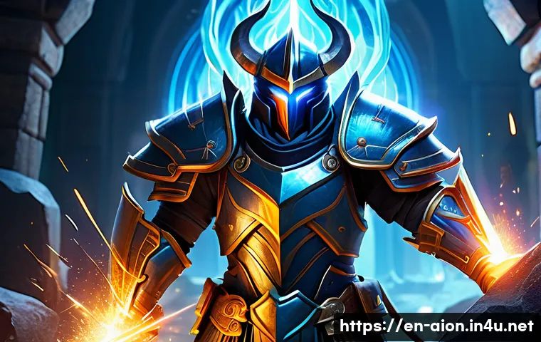 아이온 마석 조합 방법 - A dynamic fantasy RPG scene featuring a warrior character equipped with intricately designed armor a...
