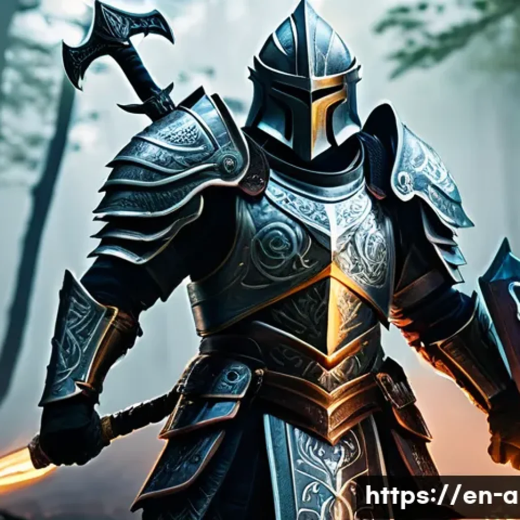 아이온 장비 옵션 이해 - A highly detailed fantasy warrior clad in intricately designed armor emphasizing Strength and melee ...