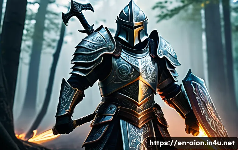 아이온 장비 옵션 이해 - A highly detailed fantasy warrior clad in intricately designed armor emphasizing Strength and melee ...