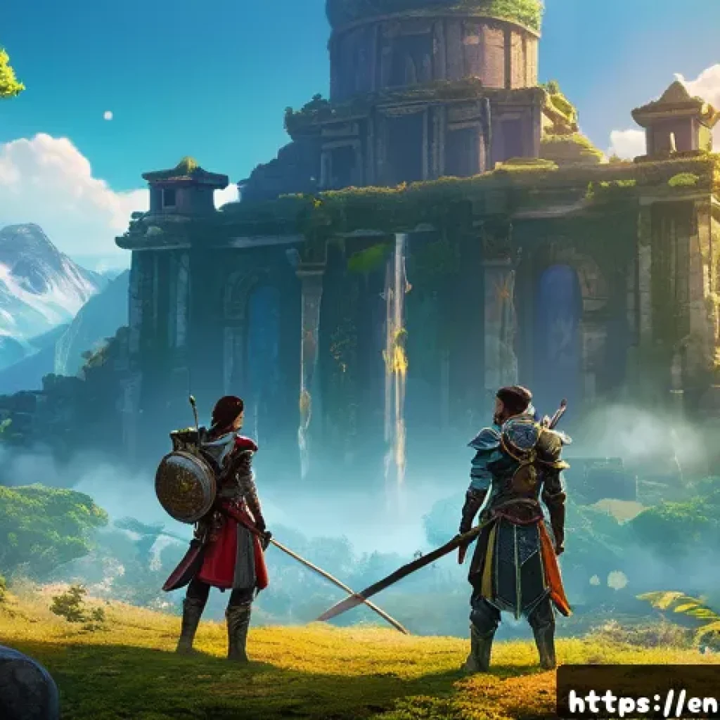 아이온 친구 초대 보상 - A dynamic fantasy MMORPG scene featuring two adventurers in detailed armor standing side by side in ...