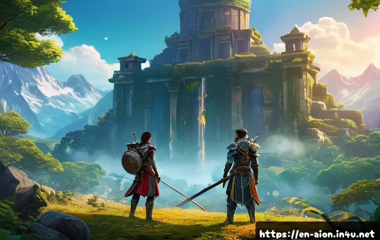 아이온 친구 초대 보상 - A dynamic fantasy MMORPG scene featuring two adventurers in detailed armor standing side by side in ...