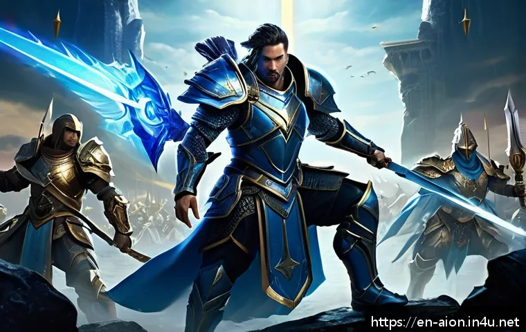 아이온 초보자 가이드 - A dynamic fantasy scene showcasing a group of diverse Aion classes in mid-battle: a heavily armored ...
