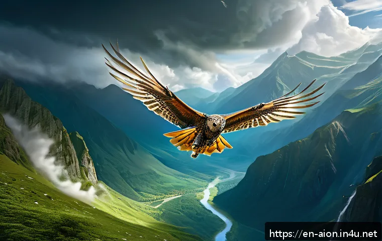 아이온 비행 시스템 - A skilled fantasy warrior in lightweight, intricately detailed flight armor soaring gracefully above...