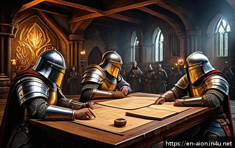 아이온 공성전 입장 조건 - A high-fantasy guild siege preparation scene featuring a diverse group of armored warriors in coordi...