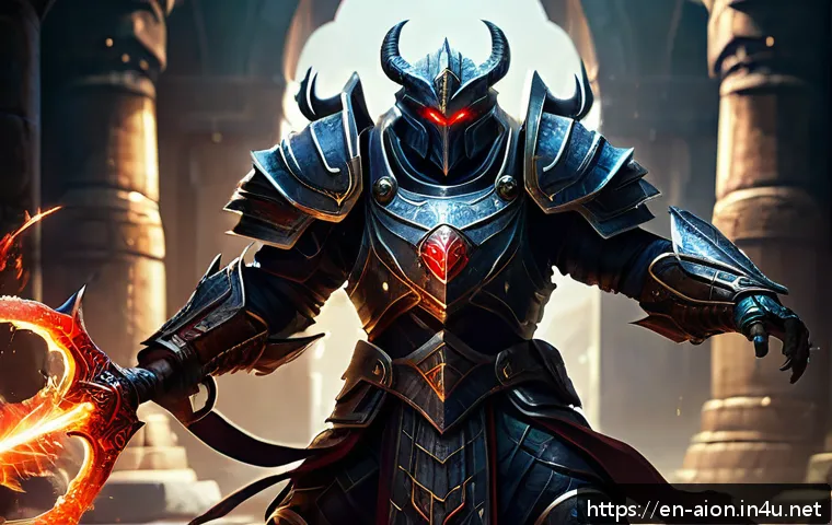 아이온 보스 솔로 공략 - A dynamic fantasy boss fight scene depicting a lone armored warrior in intricately detailed, balance...