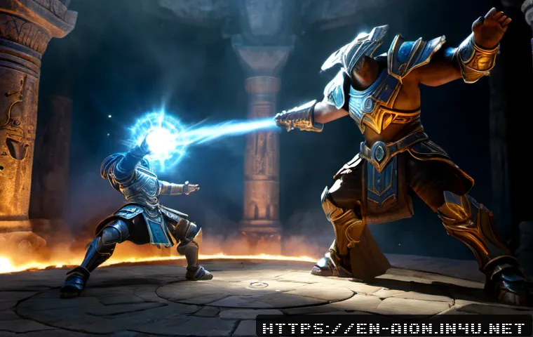 아이온 보스 몬스터 패턴 - Photorealistic fantasy game battle scene, a colossal stone-and-iron guardian boss raising one glowin...