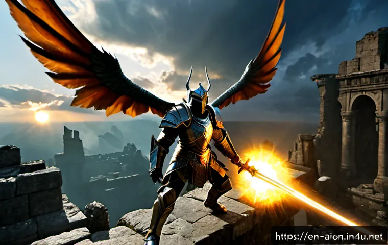 아이온 전투 기술 - Photorealistic high-fantasy aerial combat scene, a winged armored warrior using a radiant energy spe...