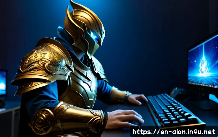 아이온 신화급 아이템 공략 - Photorealistic fantasy gaming guide scene, a focused adult player at a clean desktop setup studying ...