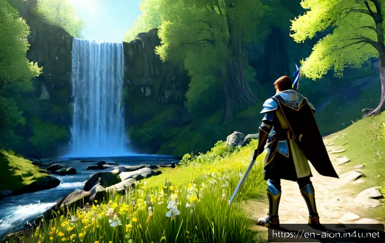 Home 17 아이온 계절별 사냥터 추천 - Photorealistic high-fantasy MMORPG hunting ground in spring, a fully armored adult adventurer with a...