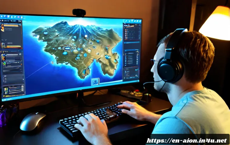 아이온 레이드 공략 - Photorealistic home gaming setup for a fantasy MMO raid strategy session, focused adult player weari...